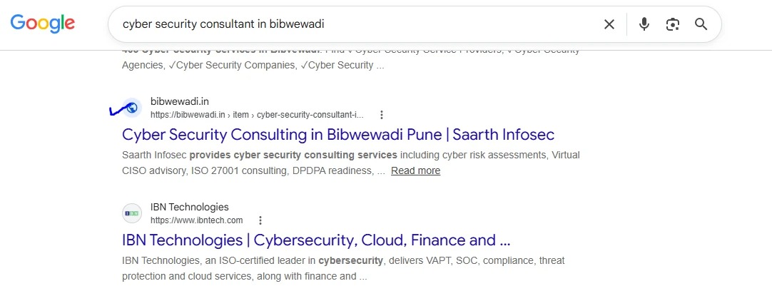 Google search for cyber security consultant in Bibwewadi showing the Bibwewadi.in Saarth Infosec listing